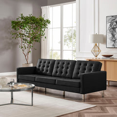 Loft Silver/Black Tufted Vegan Leather Sofa - Ornate Home