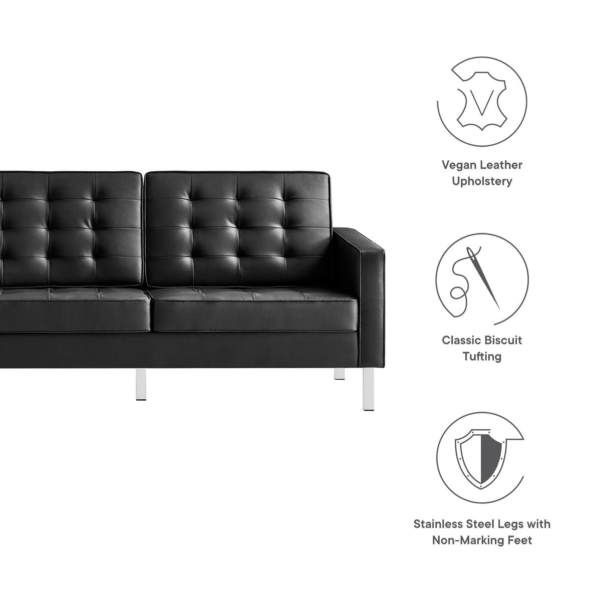 Loft Silver/Black Tufted Vegan Leather Sofa - Ornate Home
