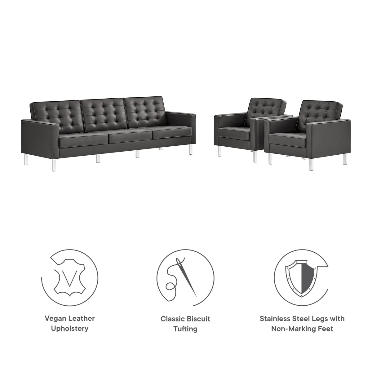 Loft Silver/Gray 3-Piece Tufted Vegan Leather Furniture Set - Ornate Home