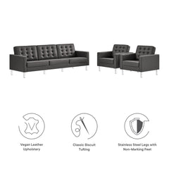 Loft Silver/Gray 3-Piece Tufted Vegan Leather Furniture Set - Ornate Home