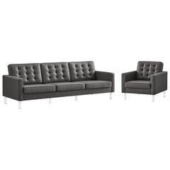 Loft Silver/Gray Tufted Upholstered Faux Leather Sofa and Armchair Set - Ornate Home
