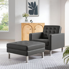 Loft Silver/Gray Tufted Vegan Leather Armchair and Ottoman Set - Ornate Home