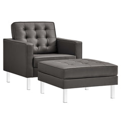 Loft Silver/Gray Tufted Vegan Leather Armchair and Ottoman Set - Ornate Home