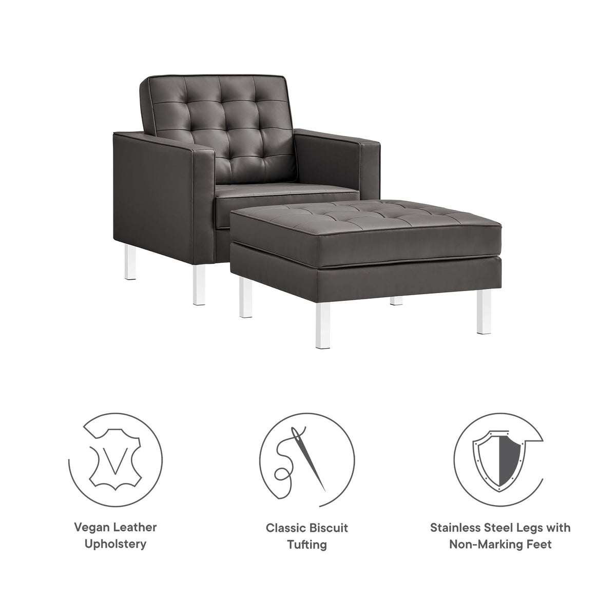 Loft Silver/Gray Tufted Vegan Leather Armchair and Ottoman Set - Ornate Home
