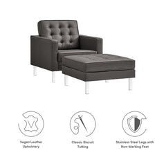 Loft Silver/Gray Tufted Vegan Leather Armchair and Ottoman Set - Ornate Home