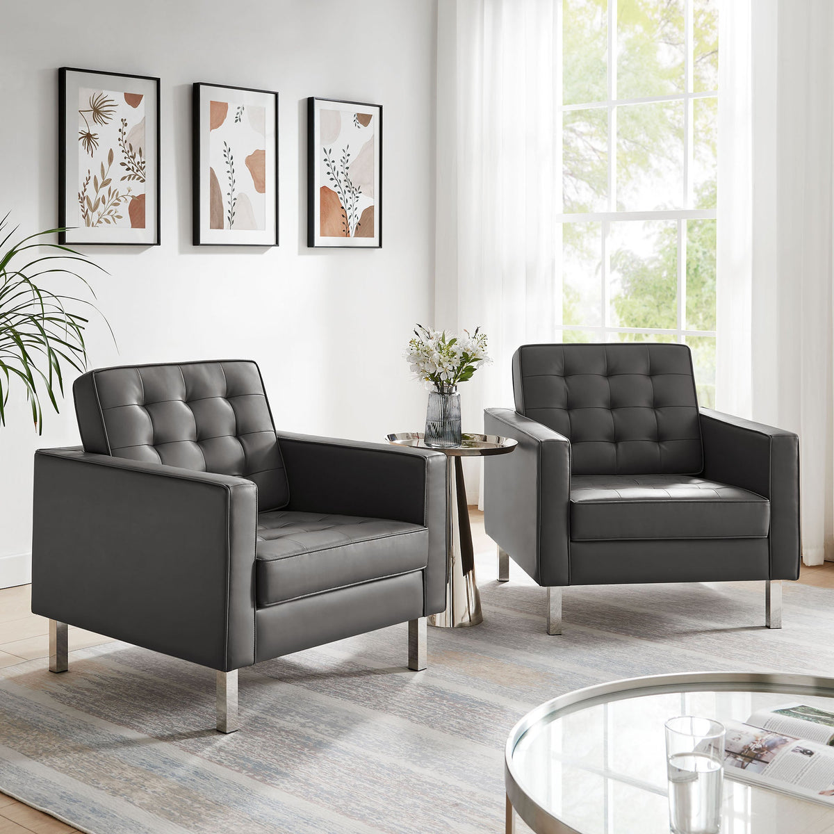 Loft Silver/Gray Tufted Vegan Leather Armchairs (Set of 2) - Ornate Home