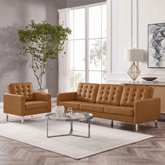 Loft Silver/Tan Tufted Upholstered Faux Leather Sofa and Armchair Set - Ornate Home