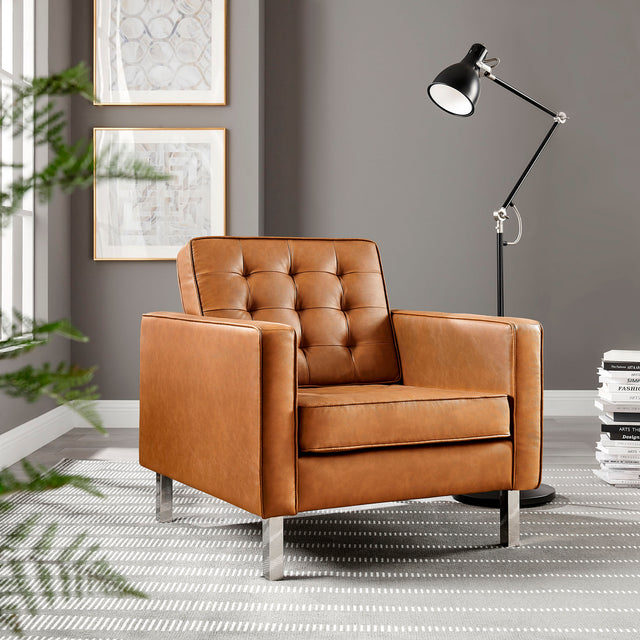 Loft Silver/Tan Tufted Vegan Leather Armchair - Ornate Home