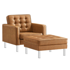 Loft Silver/Tan Tufted Vegan Leather Armchair and Ottoman Set - Ornate Home