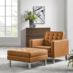 Loft Silver/Tan Tufted Vegan Leather Armchair and Ottoman Set - Ornate Home