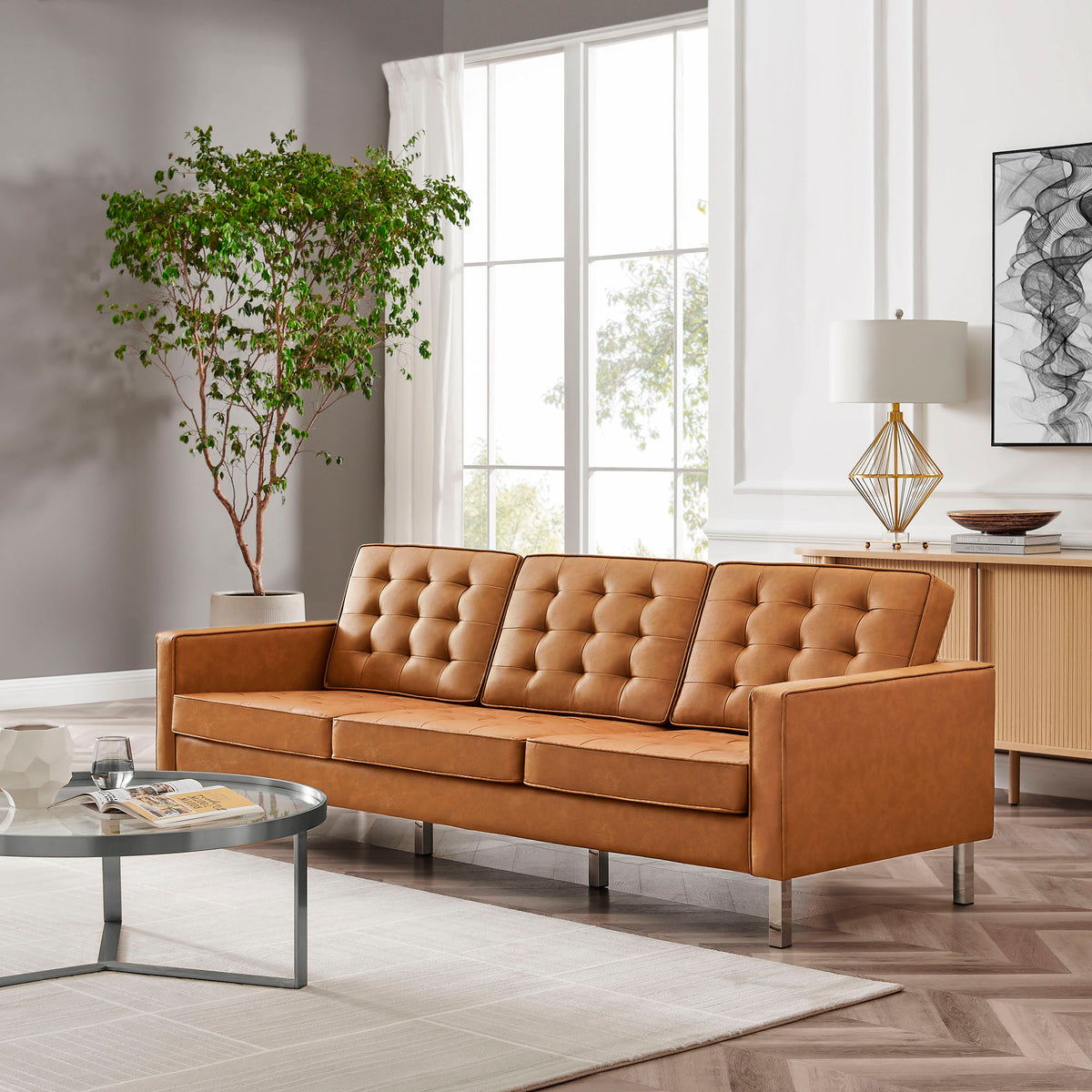 Loft Silver/Tan Tufted Vegan Leather Sofa - Ornate Home