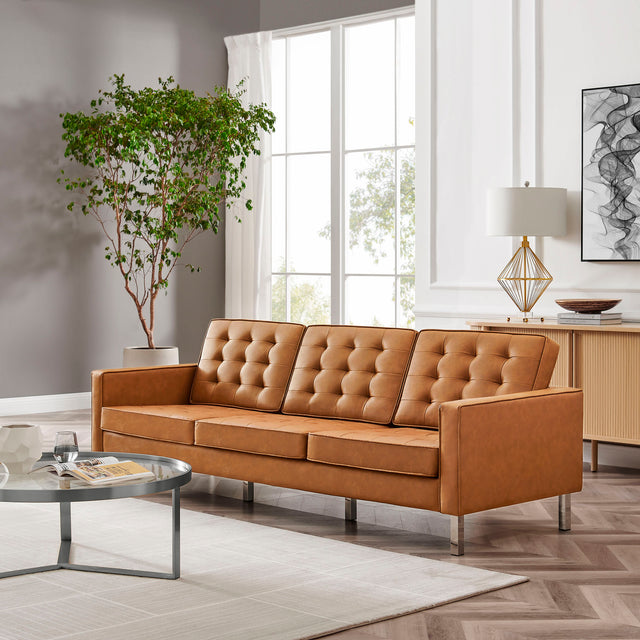 Loft Silver/Tan Tufted Vegan Leather Sofa - Ornate Home