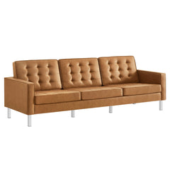 Loft Silver/Tan Tufted Vegan Leather Sofa - Ornate Home