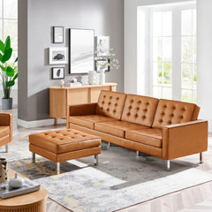 Loft Silver/Tan Tufted Vegan Leather Sofa and Ottoman Set - Ornate Home