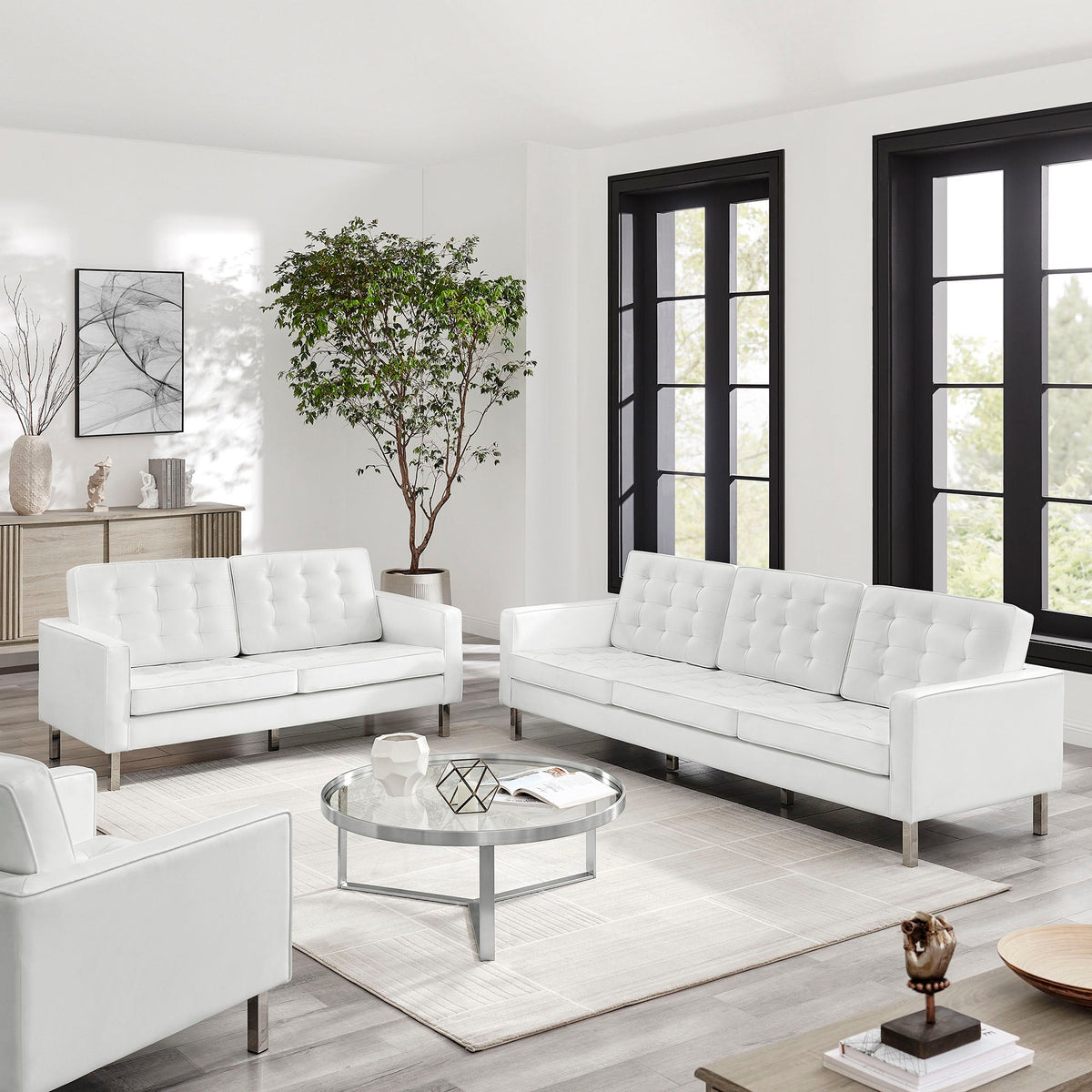 Loft Silver/White 2-Piece Tufted Vegan Leather Furniture Set - Ornate Home
