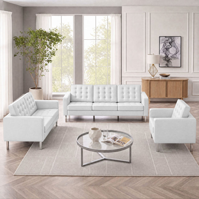 Loft Silver/White 3 Piece Tufted Upholstered Faux Leather Set - 155x95" - Ornate Home