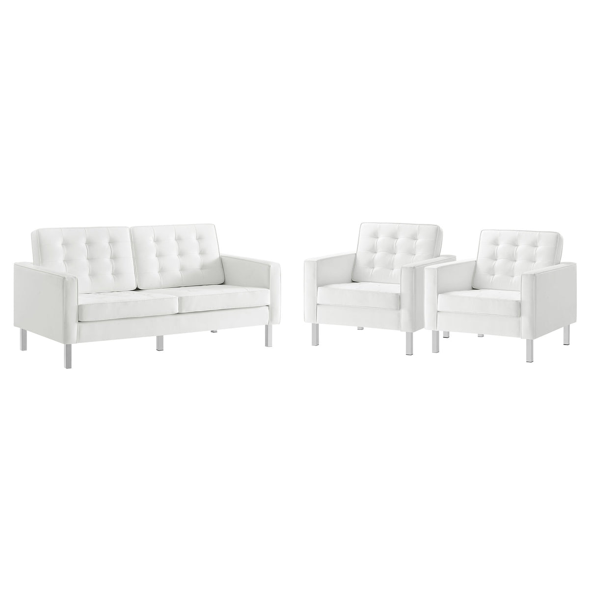 Loft Silver/White 3 Piece Tufted Upholstered Faux Leather Set - 93x95" - Ornate Home