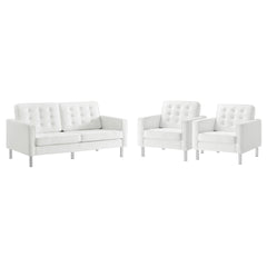 Loft Silver/White 3 Piece Tufted Upholstered Faux Leather Set - 93x95" - Ornate Home