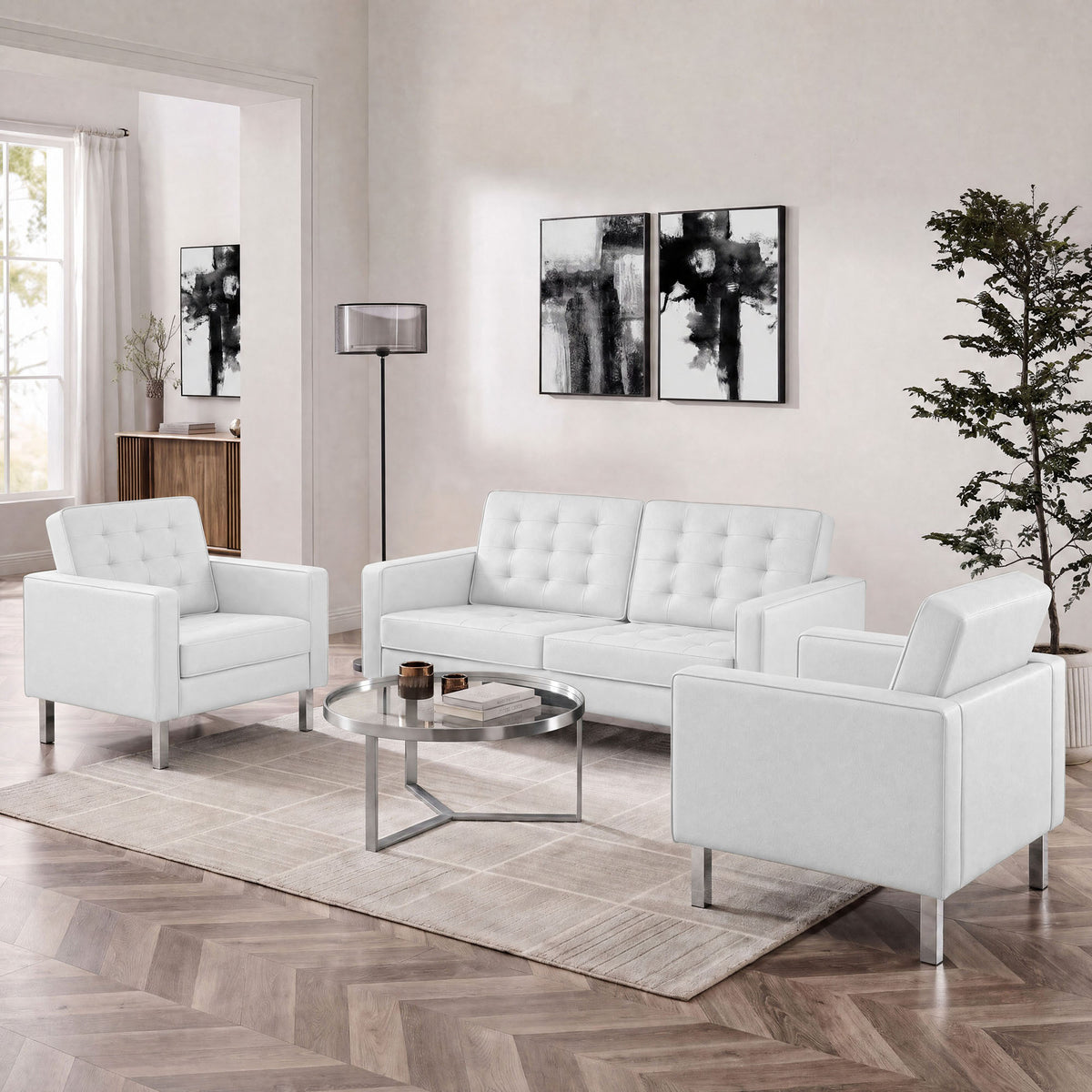 Loft Silver/White 3 Piece Tufted Upholstered Faux Leather Set - 93x95" - Ornate Home