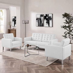 Loft Silver/White 3 Piece Tufted Upholstered Faux Leather Set - 93x95" - Ornate Home