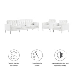 Loft Silver/White 3-Piece Tufted Vegan Leather Furniture Set - Ornate Home
