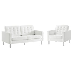 Loft Silver/White Tufted Upholstered Faux Leather Loveseat and Armchair Set - Ornate Home