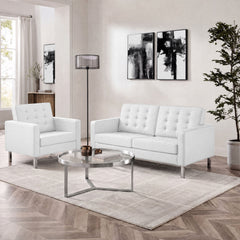 Loft Silver/White Tufted Upholstered Faux Leather Loveseat and Armchair Set - Ornate Home