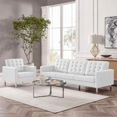 Loft Silver/White Tufted Upholstered Faux Leather Sofa and Armchair Set - Ornate Home