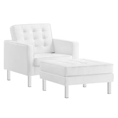 Loft Silver/White Tufted Vegan Leather Armchair and Ottoman Set - Ornate Home