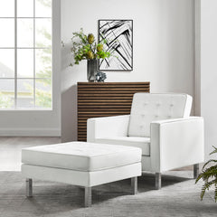 Loft Silver/White Tufted Vegan Leather Armchair and Ottoman Set - Ornate Home