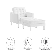 Loft Silver/White Tufted Vegan Leather Armchair and Ottoman Set - Ornate Home