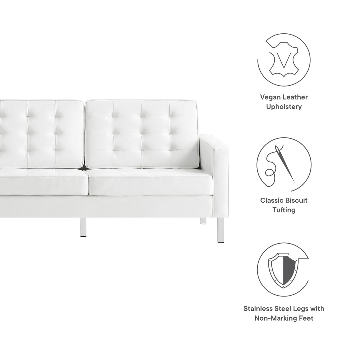 Loft Silver/White Tufted Vegan Leather Sofa - Ornate Home