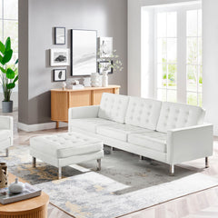 Loft Silver/White Tufted Vegan Leather Sofa and Ottoman Set - Ornate Home