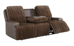 Logan Two-Tone Brown Fabric & Leatherette Power Reclining Sofa with Drop-Down Table - Ornate Home