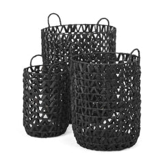 Lola Black Water Hyacinth Zig Zag Weave Round Basket with Handles (Set of 3) - Ornate Home