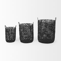 Lola Black Water Hyacinth Zig Zag Weave Round Basket with Handles (Set of 3) - Ornate Home