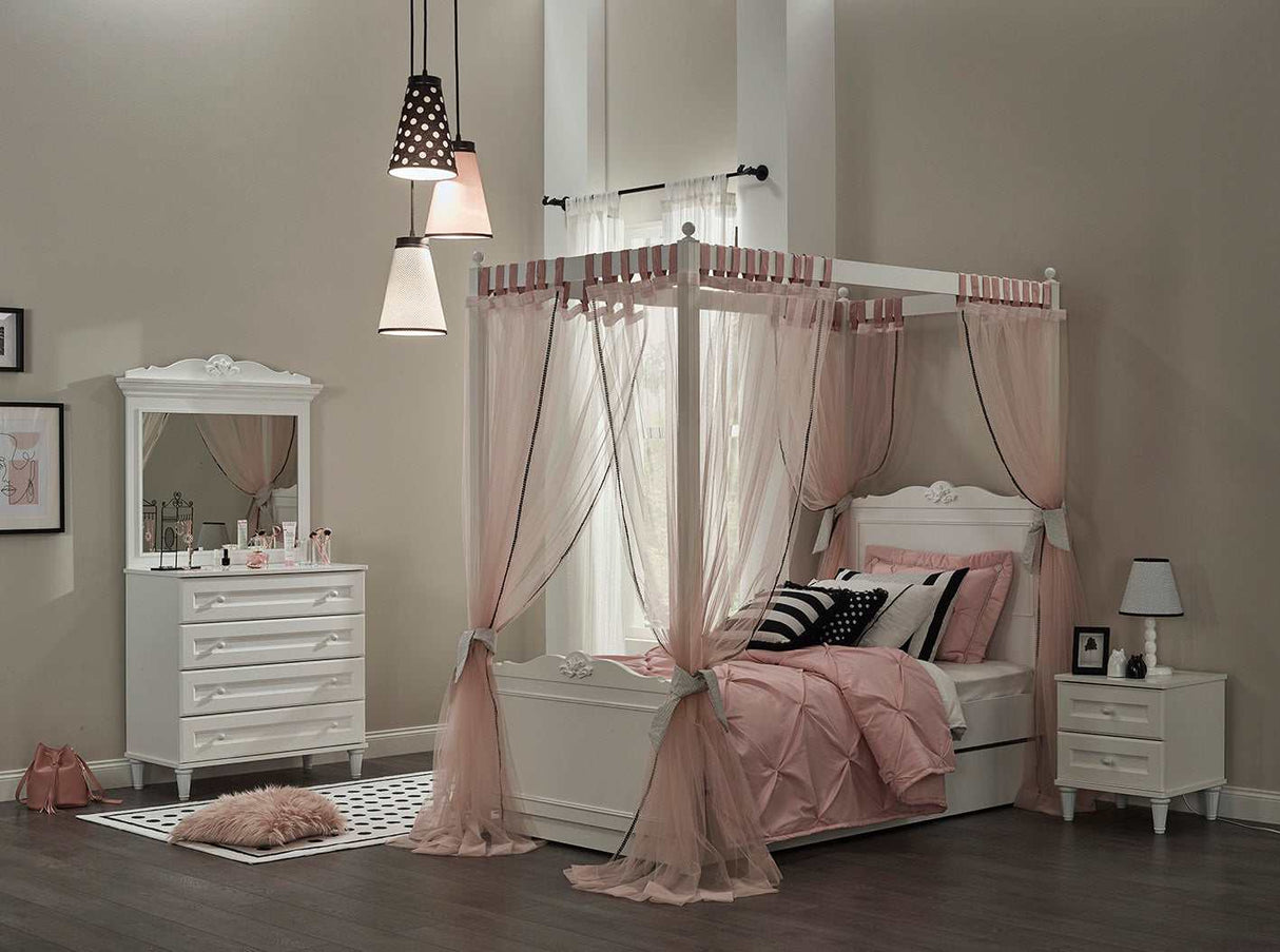 Lora White Canopy Teen Bed with Pink Mosquito Net Set - Ornate Home