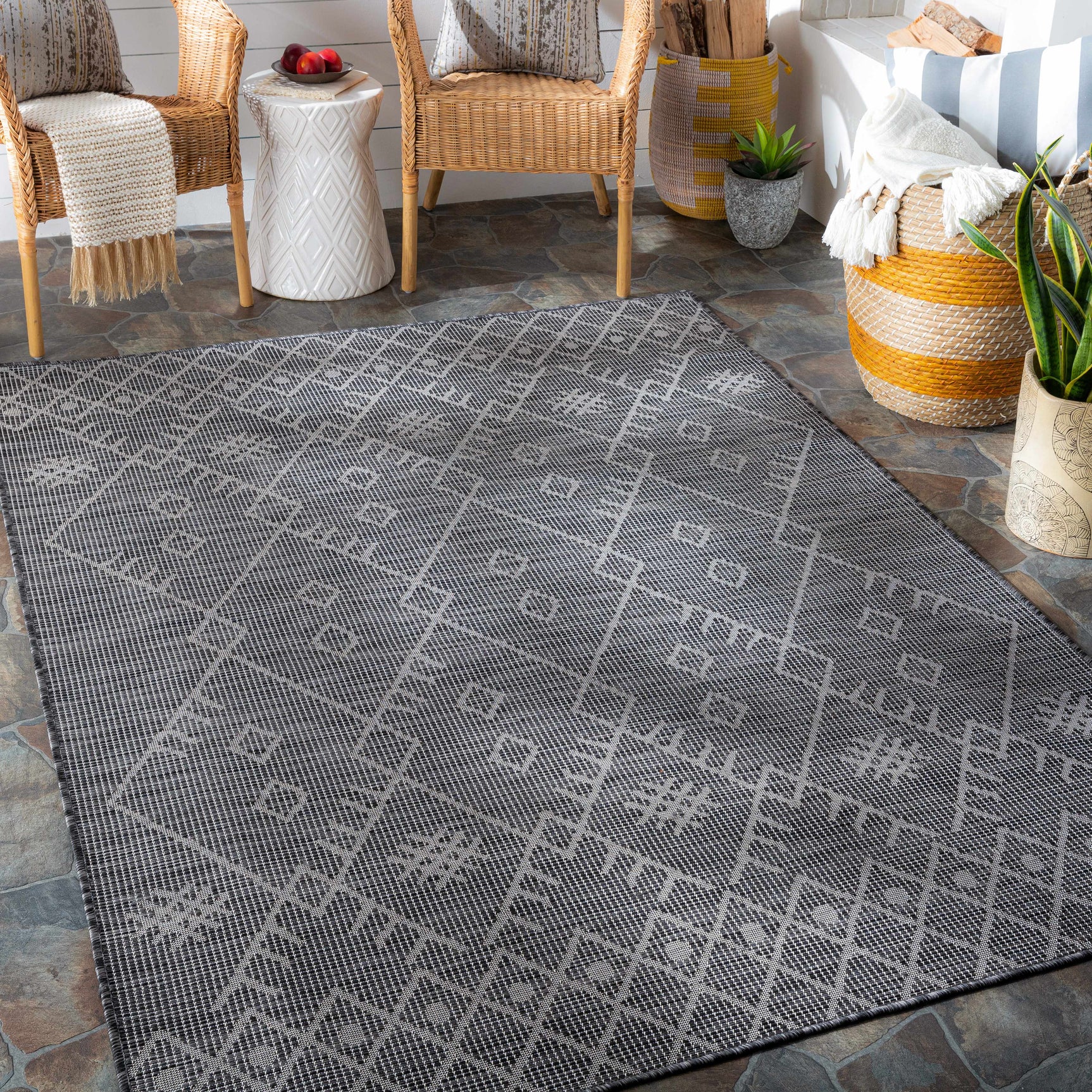 Lorena Charcoal Flatweave Trellis Outdoor Carpet - Clearance - Ornate Home
