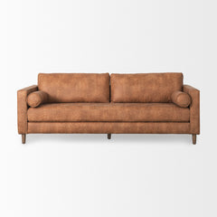 Loretta Cognac Brown Faux Leather Three Seater Sofa with Two Bolster Cushions - Ornate Home