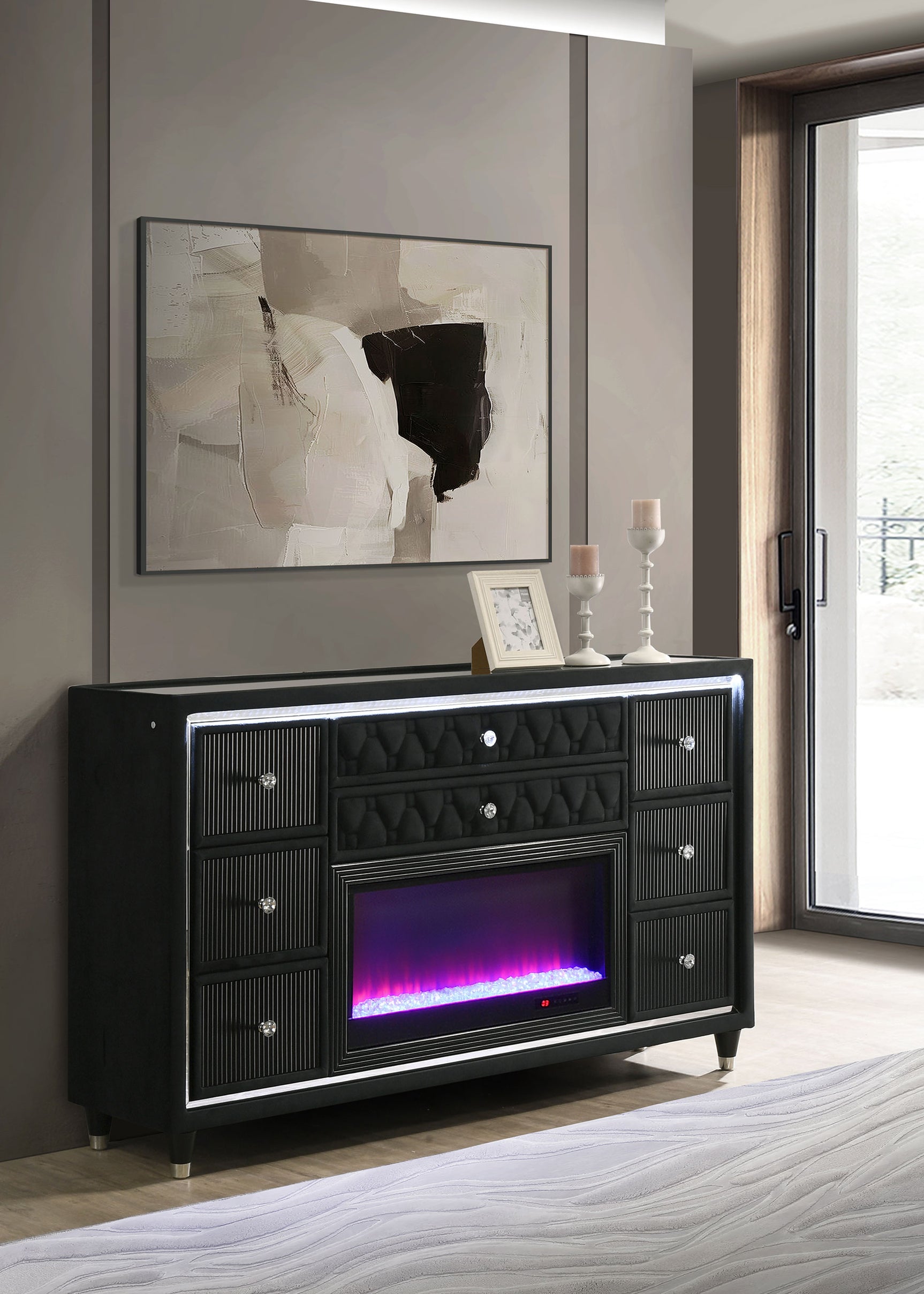 Lorient Black 8-drawer LED Bedroom Flame Box Dresser - Ornate Home