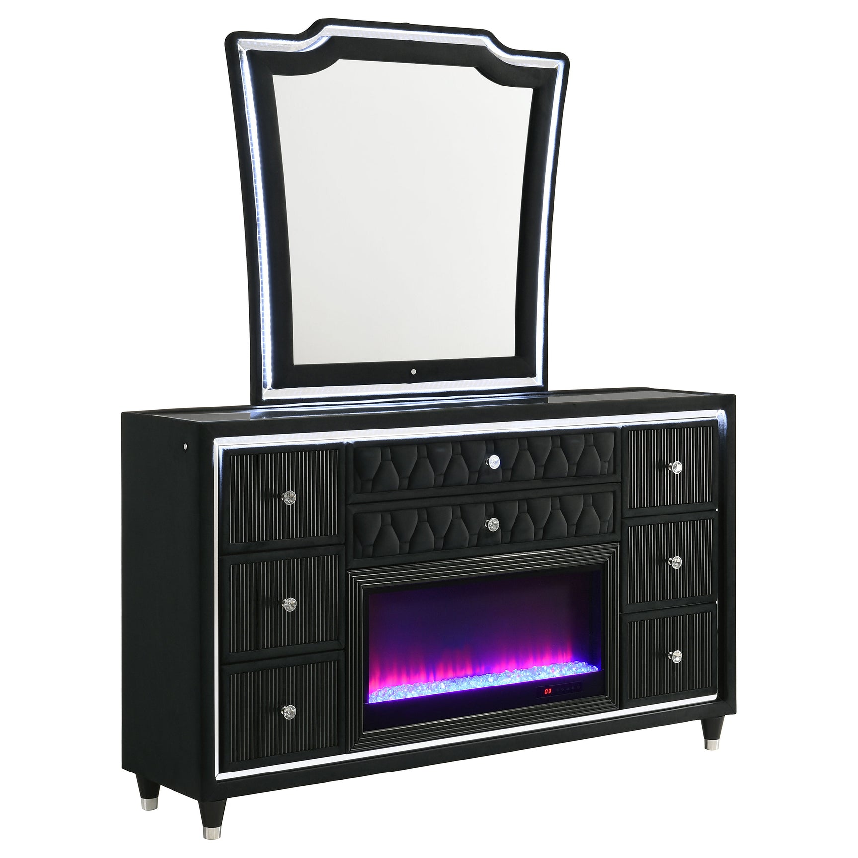 Lorient Black 8-drawer LED Flame Box Dresser and Mirror - Ornate Home