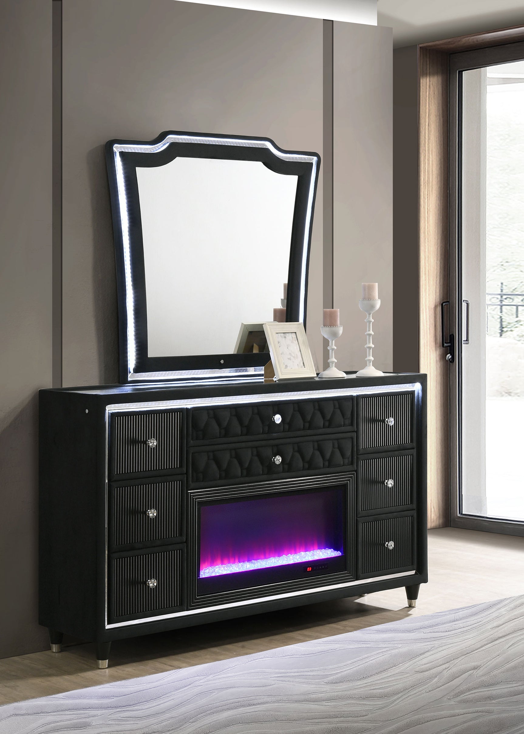 Lorient Black 8-drawer LED Flame Box Dresser and Mirror - Ornate Home