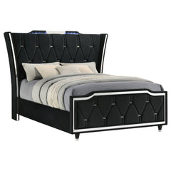 Lorient Black Queen LED Upholstered Wingback Bed - Ornate Home