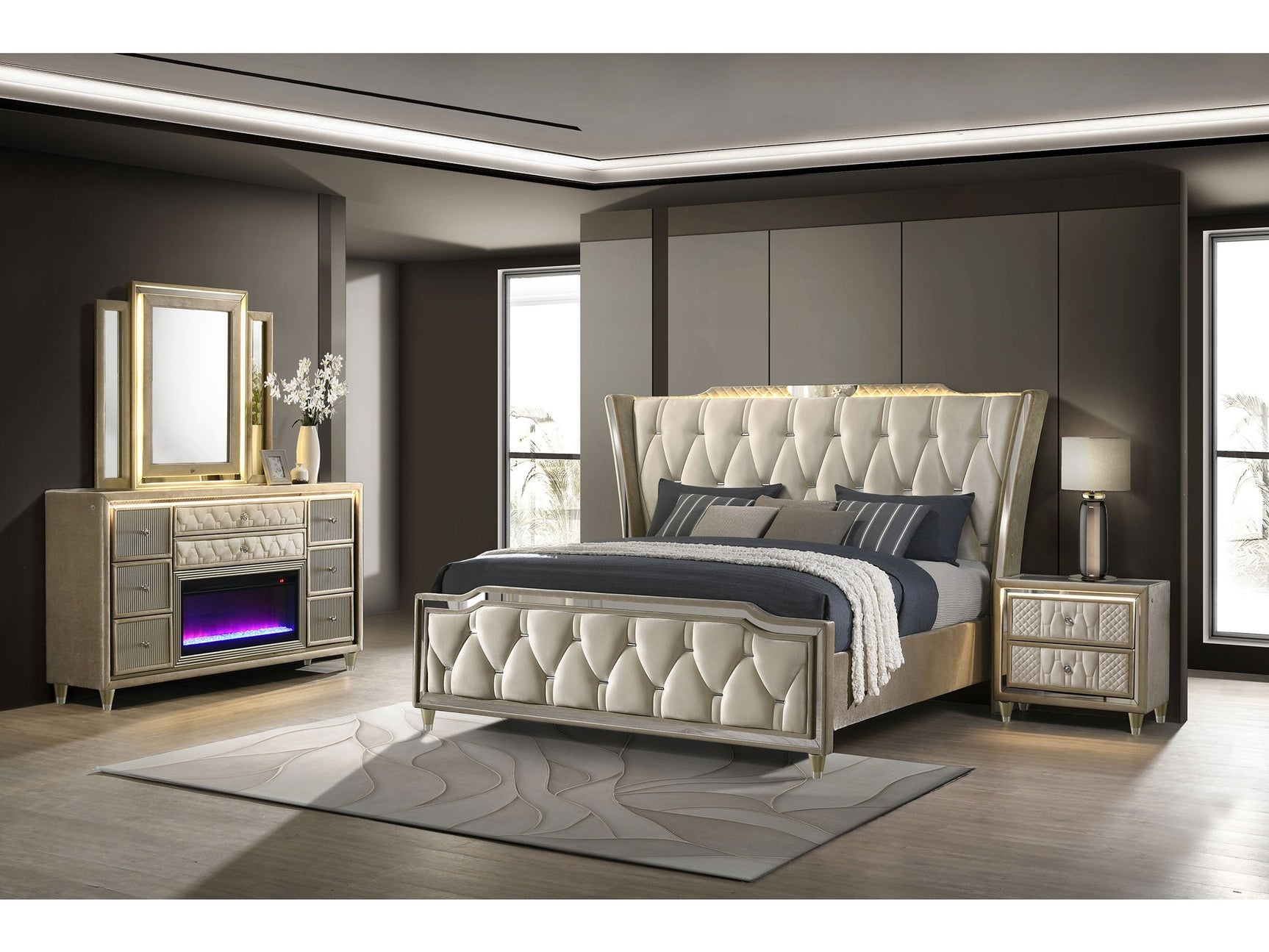 Lorient Ivory/Camel 4-piece Eastern King Bedroom Set - Ornate Home