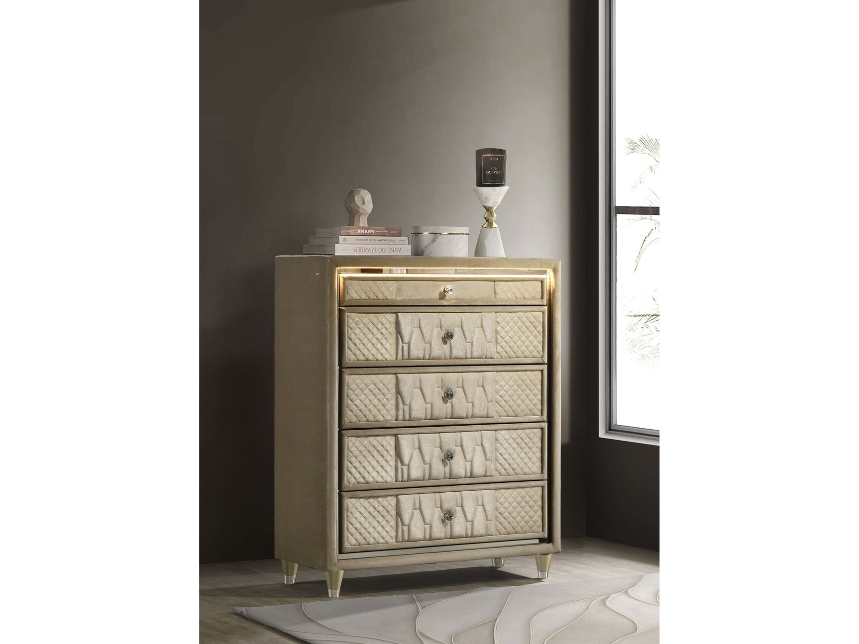 Lorient Ivory/Camel 5-drawer LED Chest of Drawers - Ornate Home
