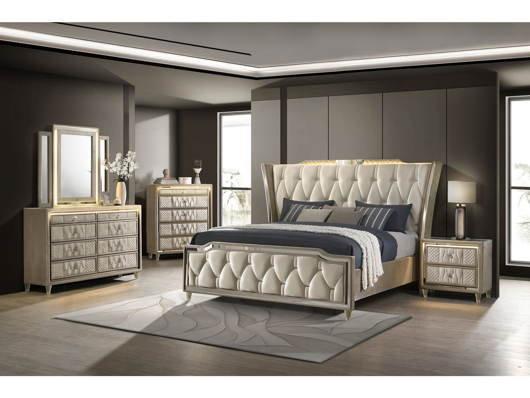 Lorient Ivory/Camel 5-piece Queen Bedroom Set - Ornate Home