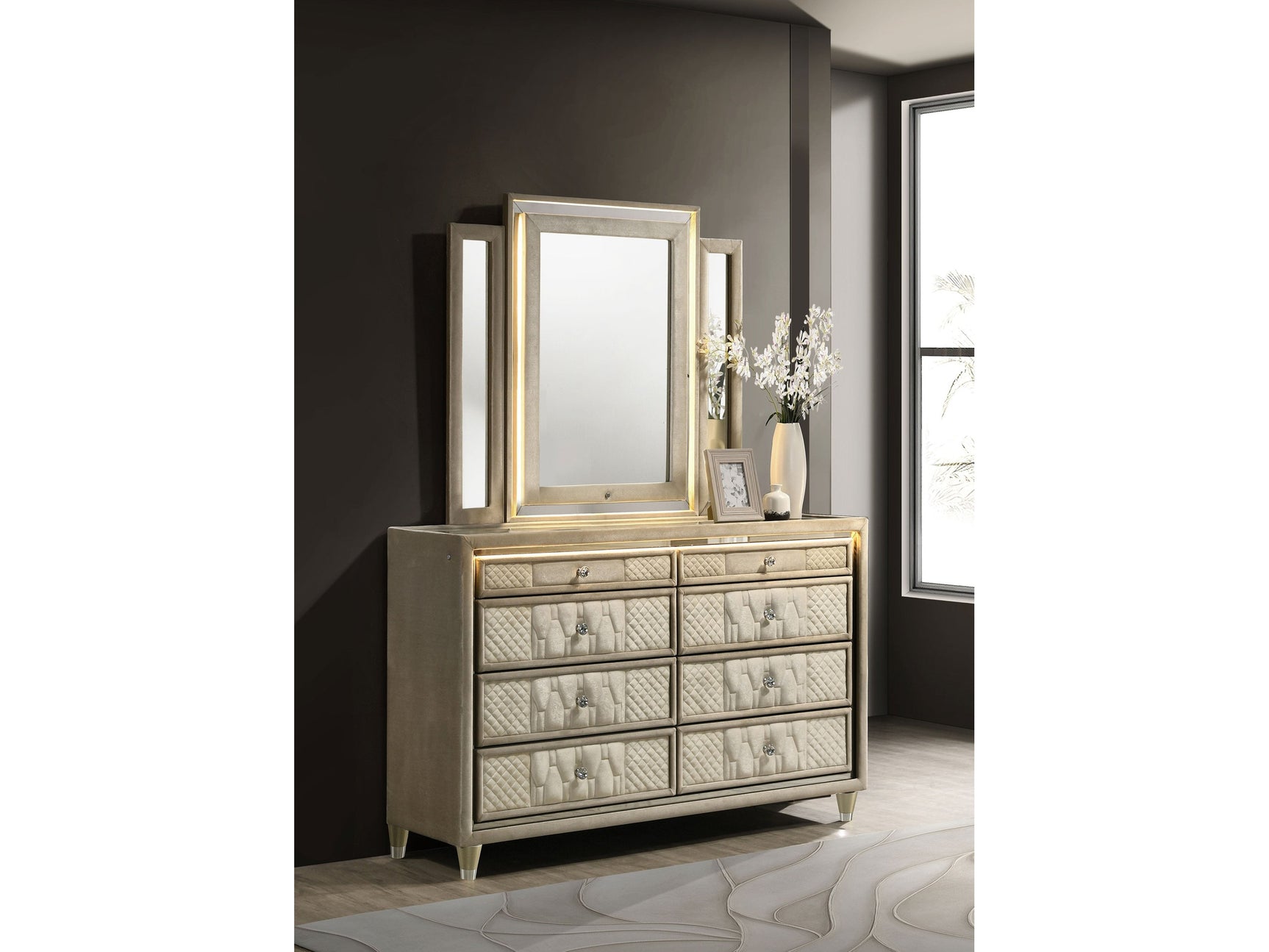Lorient Ivory/Camel 8-drawer LED Dresser with Mirror - Ornate Home