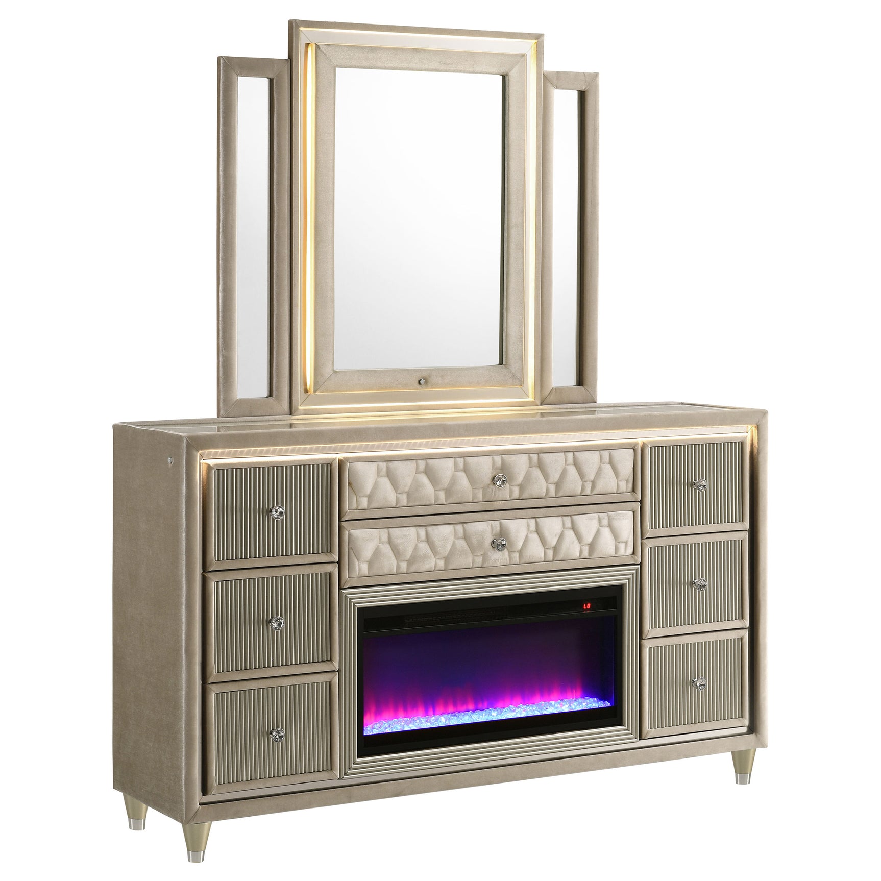 Lorient Ivory/Camel 8-drawer LED Flame Box Dresser and Mirror - Ornate Home