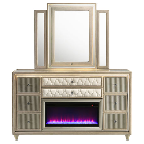 Lorient Ivory/Camel 8-drawer LED Flame Box Dresser and Mirror - Ornate Home