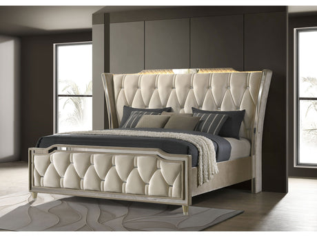 Lorient Ivory/Camel Queen LED Upholstered Wingback Bed - Ornate Home